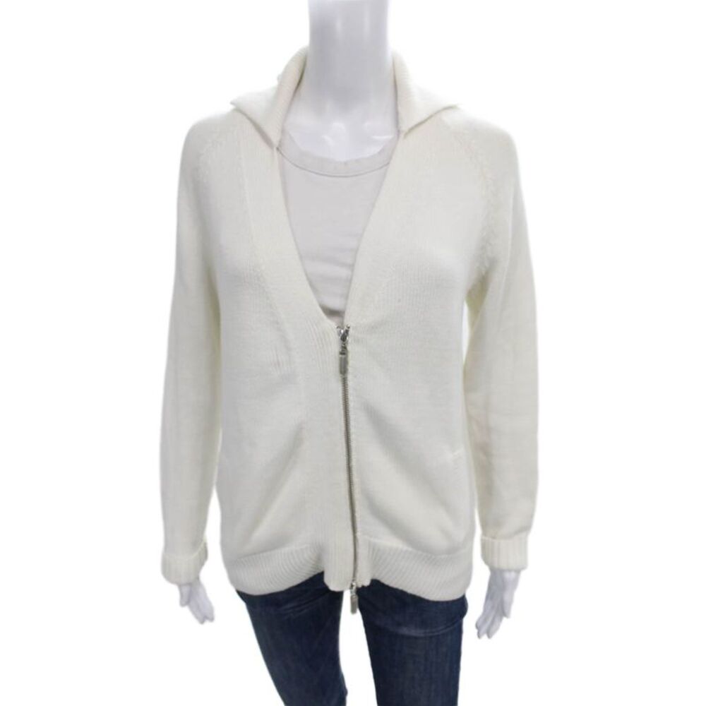 Repeat Women Cardigan Collared Cotton Long Sleeve White Solid Size S